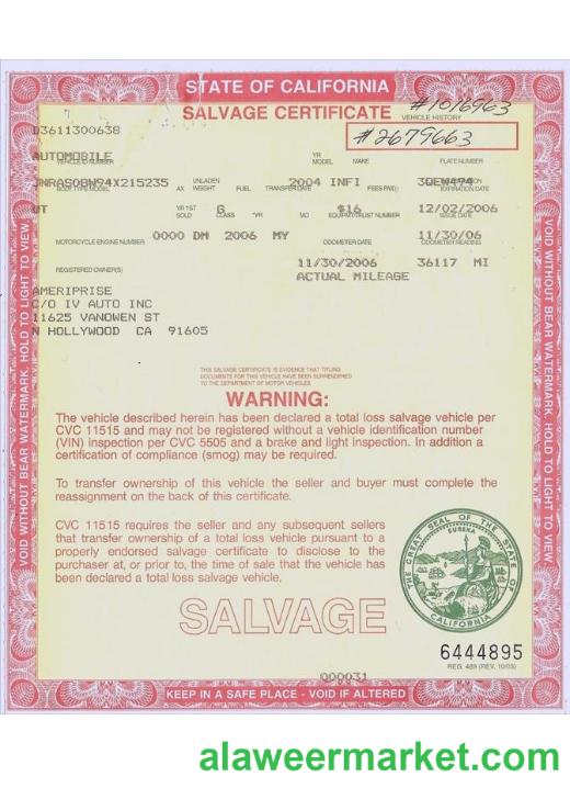 USA California salvage certificate